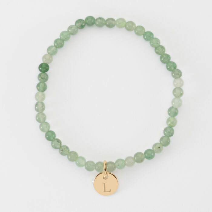 Bracelet perle élastique personnalisé médaille gravée plaqué or ronde 10 mm - L