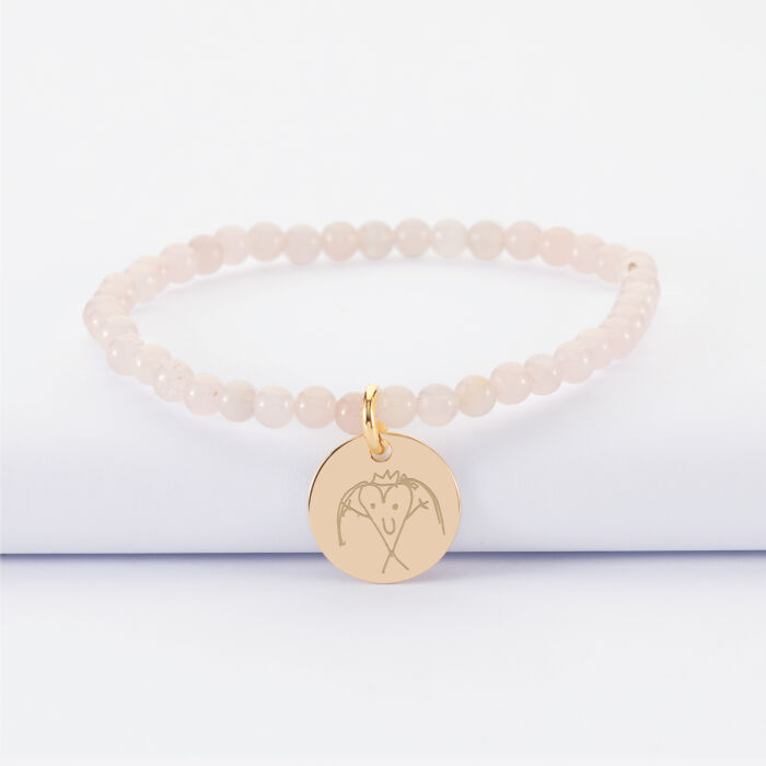 Bracelet perle élastique personnalisé médaille gravée plaqué or ronde 15 mm - dessin