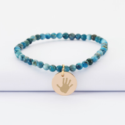 Bracelet perle élastique personnalisé médaille gravée plaqué or ronde 15 mm - empreinte