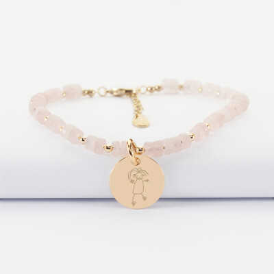 Bracelet chaine perles personnalisé médaille gravée plaqué or ronde 15 mm - dessin