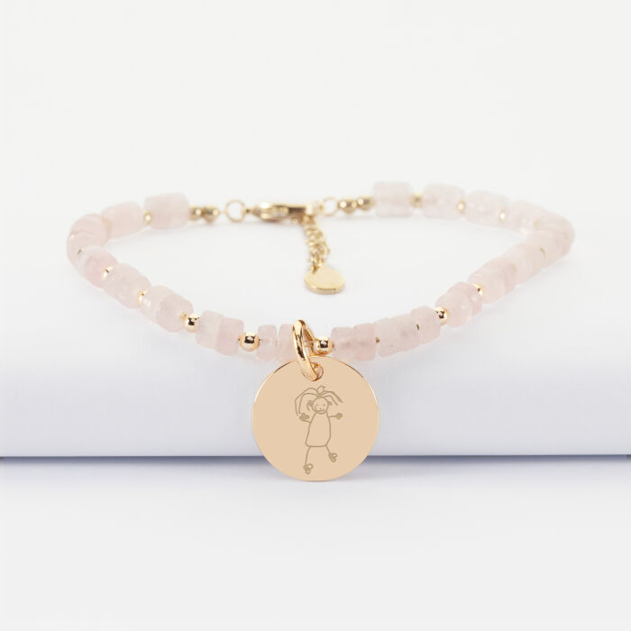 Bracelet chaine perles personnalisé médaille gravée plaqué or ronde 15 mm - dessin