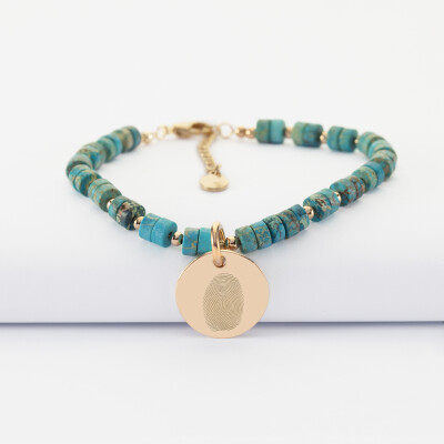 Bracelet chaine perles personnalisé médaille gravée plaqué or ronde 15 mm - empreinte