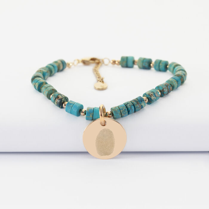 Bracelet chaine perles personnalisé médaille gravée plaqué or ronde 15 mm - empreinte