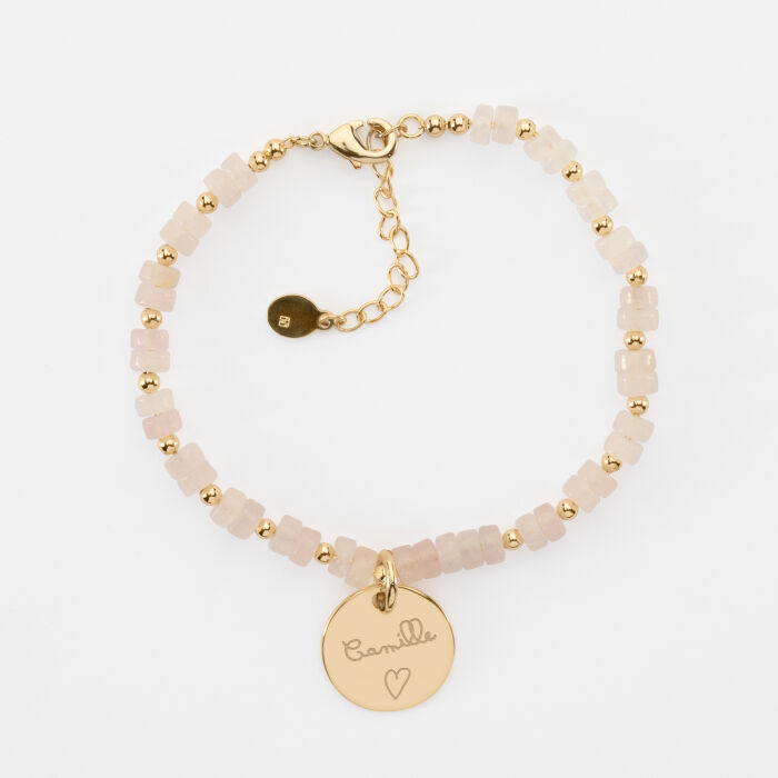 Bracelet chaine perles personnalisé médaille gravée plaqué or ronde 15 mm - texte manuscrit