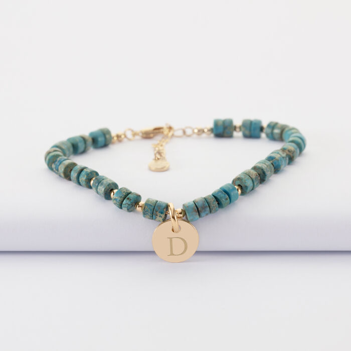 Bracelet chaine perles personnalisé médaille gravée plaqué or ronde 10 mm - D