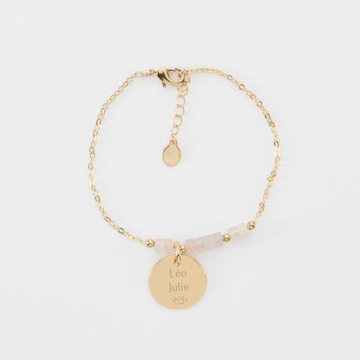 Bracelet chaîne barrette de perles personnalisé médaille gravée plaqué or ronde 15 mm - texte picto