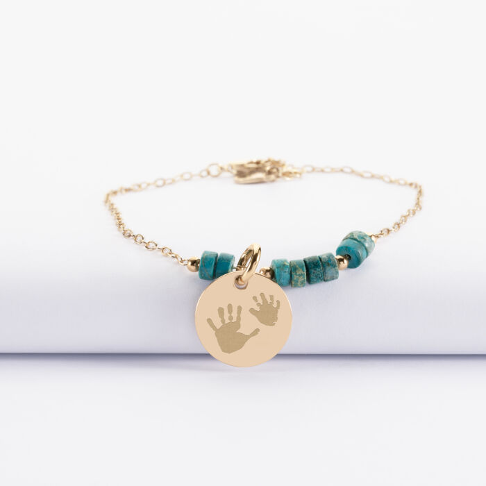 Bracelet chaîne barrette de perles personnalisé médaille gravée plaqué or ronde 15 mm - empreintes