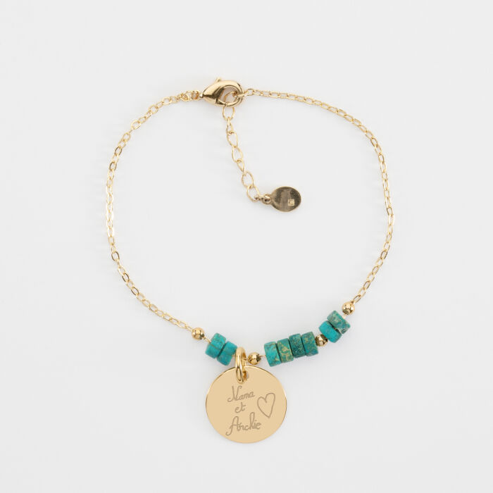 Bracelet chaîne barrette de perles personnalisé médaille gravée plaqué or ronde 15 mm - texte manuscrit