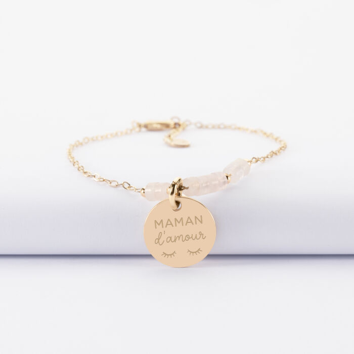 Bracelet chaîne barrette de perles personnalisé médaille gravée plaqué or ronde 15 mm - illustration maman
