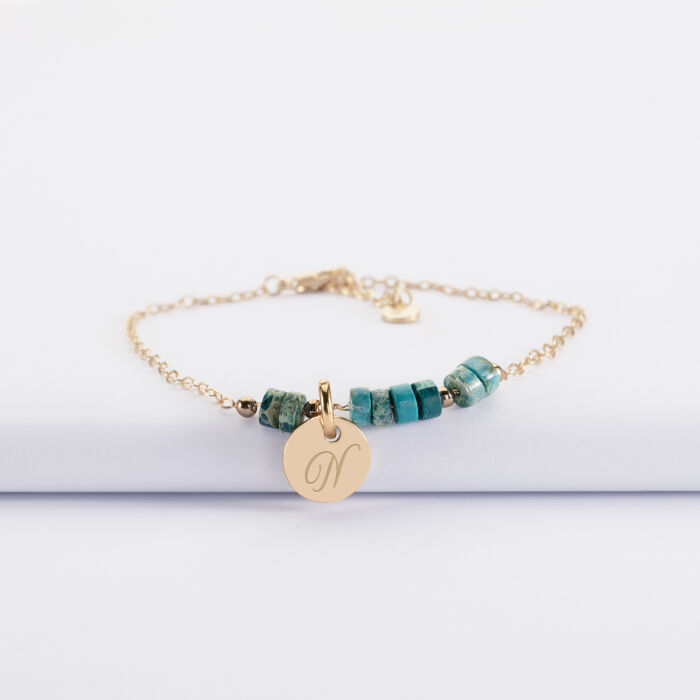 Bracelet chaîne barrette de perles personnalisé médaille gravée plaqué or ronde 10 mm - N