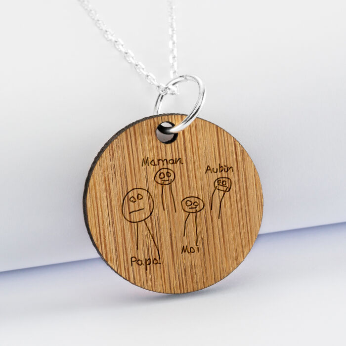 Personalised engraved wooden round medallion pendant 28 mm - sketch