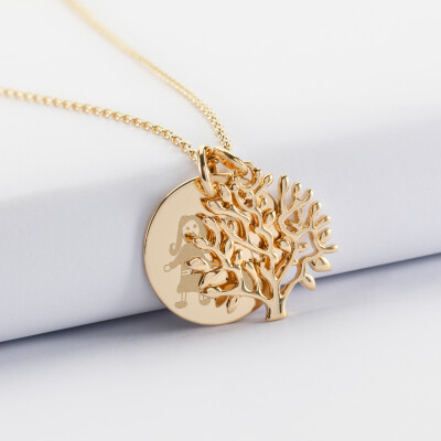 Pendentif famille personnalisé arbre de vie et médaille gravée plaqué or 19 mm - dessin