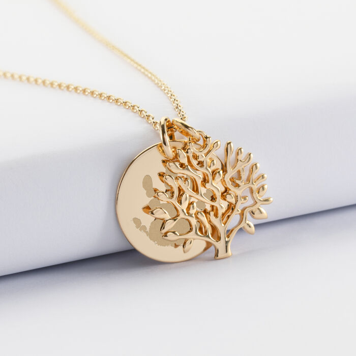 Pendentif famille personnalisé arbre de vie et médaille gravée plaqué or 19 mm - empreintes