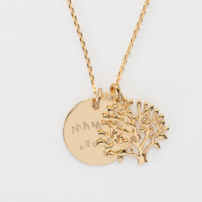 Pendentif famille personnalisé arbre de vie et médaille gravée plaqué or 19 mm - texte manuscrit