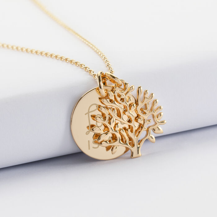 Pendentif famille personnalisé arbre de vie et médaille gravée plaqué or 19 mm - illustration amour