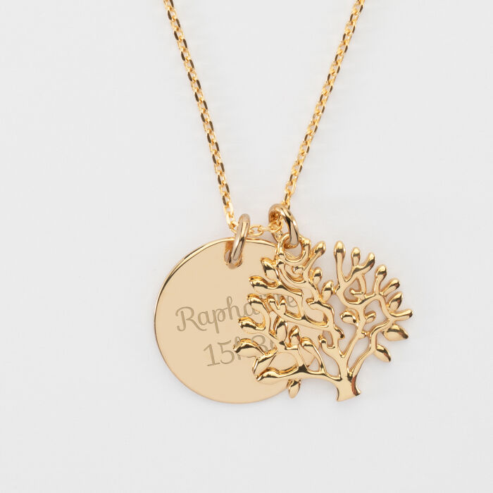 Pendentif famille personnalisé arbre de vie et médaille gravée plaqué or 19 mm - texte