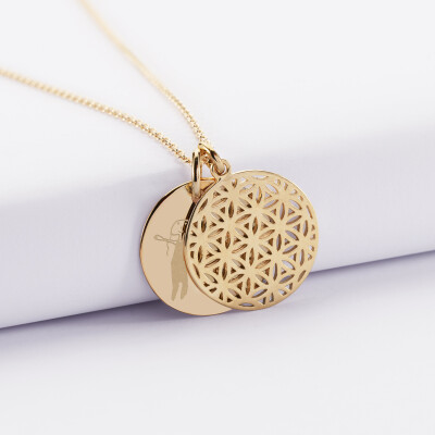 Pendentif famille personnalisé fleur de vie et médaille gravée plaqué or 19 mm - dessin