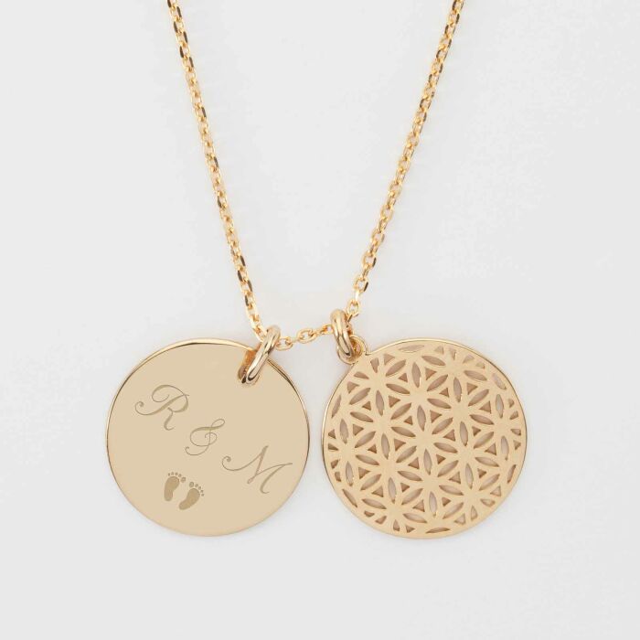 Pendentif famille personnalisé fleur de vie et médaille gravée plaqué or 19 mm - texte picto