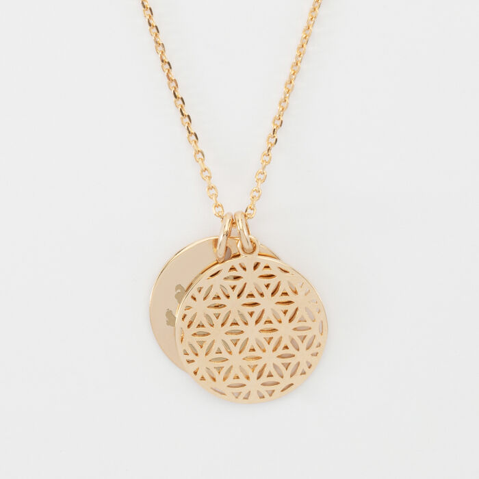 Pendentif famille personnalisé fleur de vie et médaille gravée plaqué or 19 mm - dessin