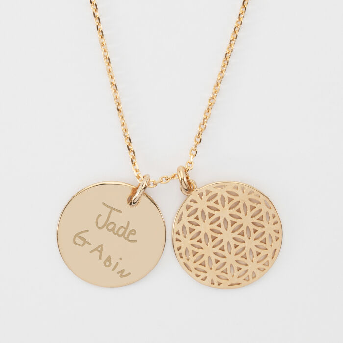 Pendentif famille personnalisé fleur de vie et médaille gravée plaqué or 19 mm - texte manuscrit
