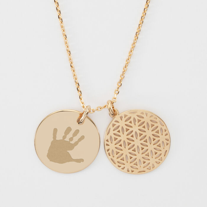 Pendentif famille personnalisé fleur de vie et médaille gravée plaqué or 19 mm - empreinte