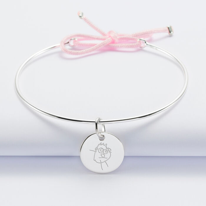 Bracelet personnalisé jonc argent et cordon médaille gravée 15 mm - dessin