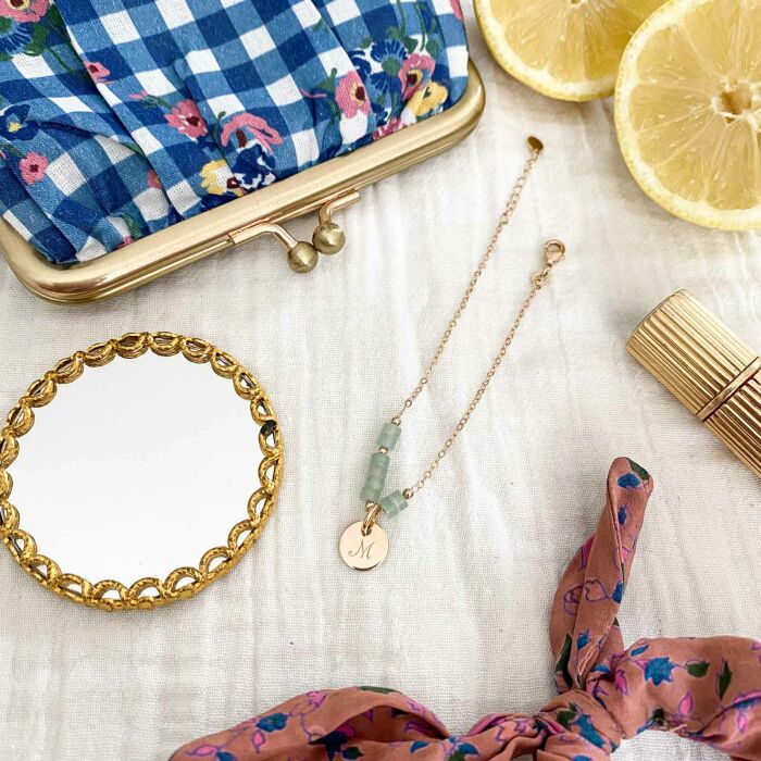 Bracelet chaîne barrette de perles personnalisé médaille gravée plaqué or ronde 10 mm - bijou ambiance