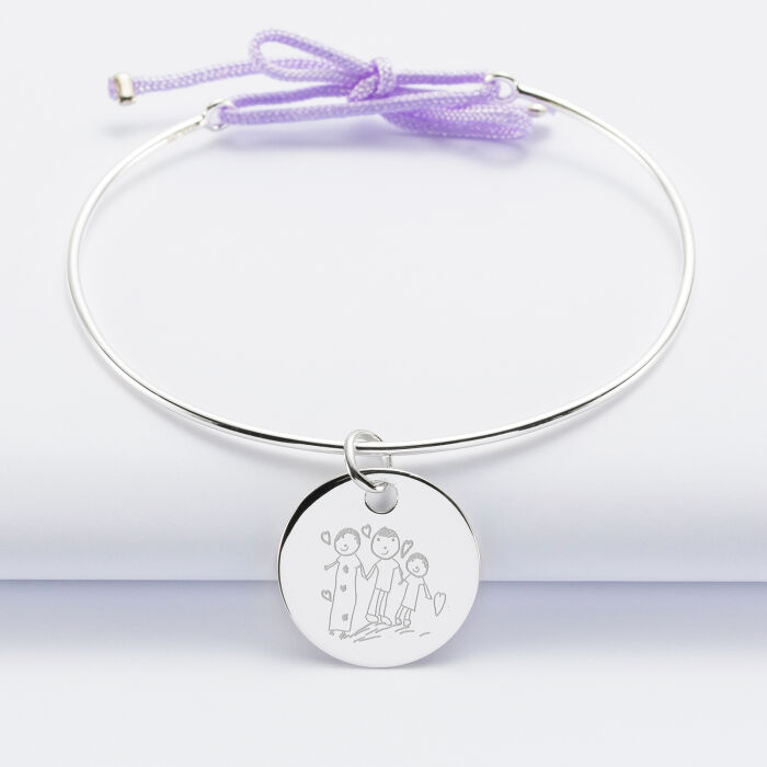 Personalised silver and cord bangle bracelet and 19 mm engraved medallion - sketch