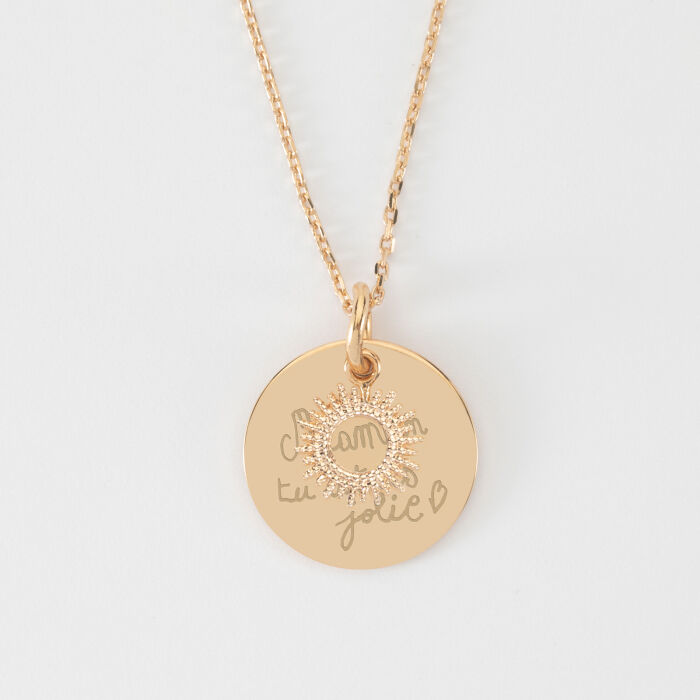 Pendentif réversible personnalisé médaille gravée plaqué or 19 mm et breloque soleil 10 mm - écrits