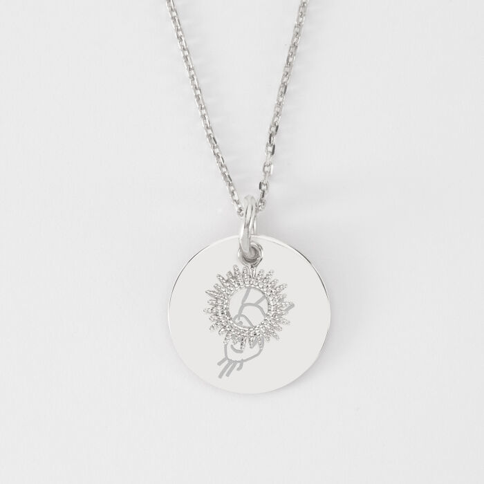 Pendentif réversible personnalisé médaille gravée argent 19 mm et breloque soleil 10 mm - dessin