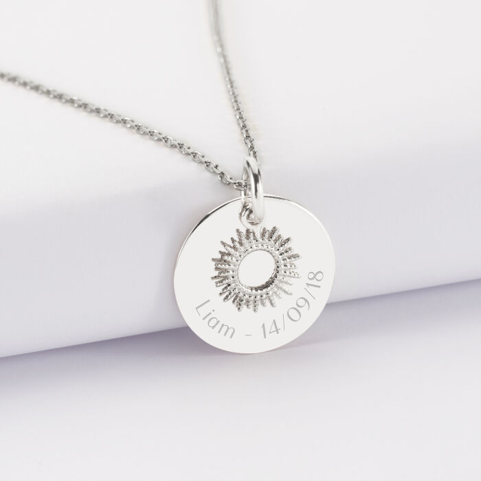 Pendentif réversible personnalisé médaille gravée argent 19 mm et breloque soleil 10 mm - date et prenom
