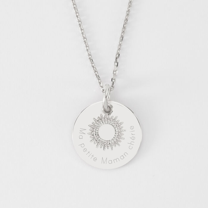 Pendentif réversible personnalisé médaille gravée argent 19 mm et breloque soleil 10 mm - texte maman