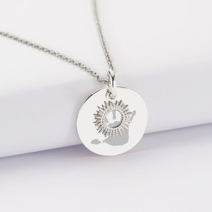 Pendentif réversible personnalisé médaille gravée argent 19 mm et breloque soleil 10 mm - empreinte de main
