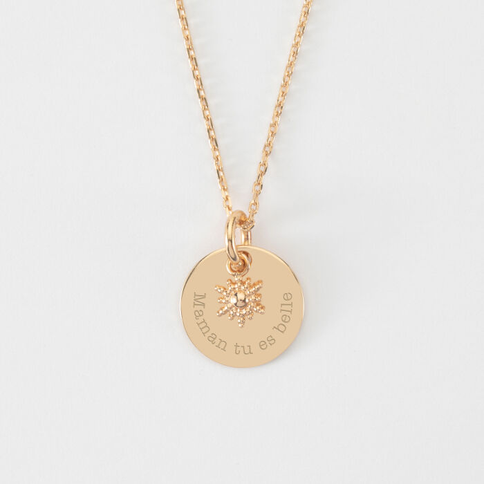 Pendentif réversible personnalisé médaille gravée plaqué or 15 mm et breloque étoile brillante 6 mm - texte maman