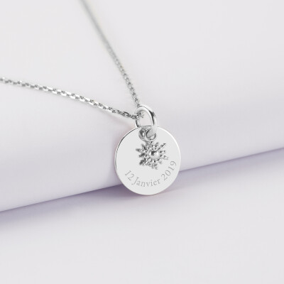 Pendentif réversible personnalisé médaille gravée argent 15 mm et breloque étoile brillante 6 mm - date naissance