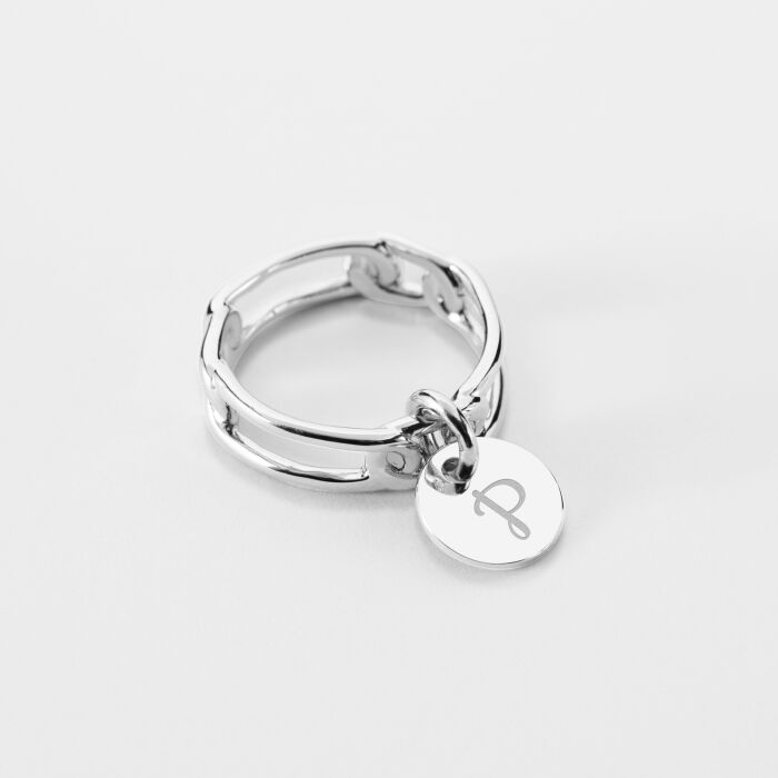 Bague chaine maille large argent personnalisée médaille gravée 10 mm - P
