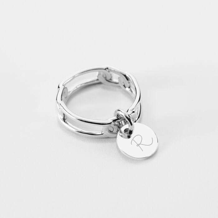 Bague chaine maille large argent personnalisée médaille gravée 10 mm - R