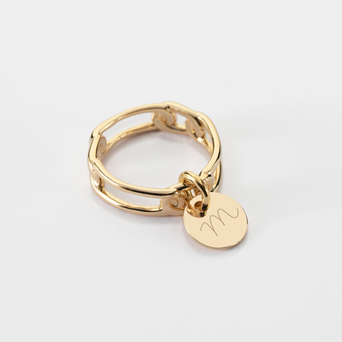Bague chaine maille large plaqué or personnalisée médaille gravée 10 mm - M