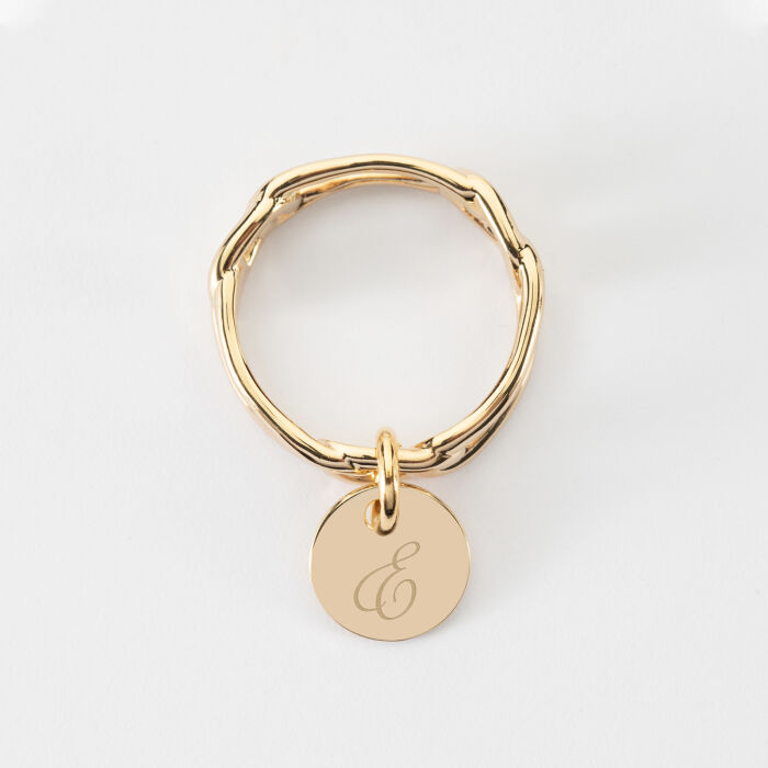 Bague chaine maille large plaqué or personnalisée médaille gravée 10 mm - E