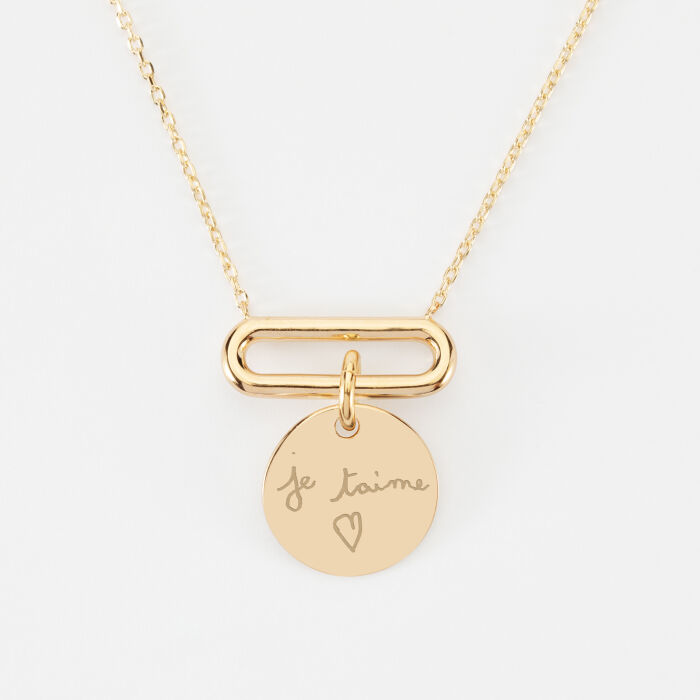 Collier chaîne ovale ouvert personnalisé médaille gravée plaqué or 15 mm - texte manuscrit