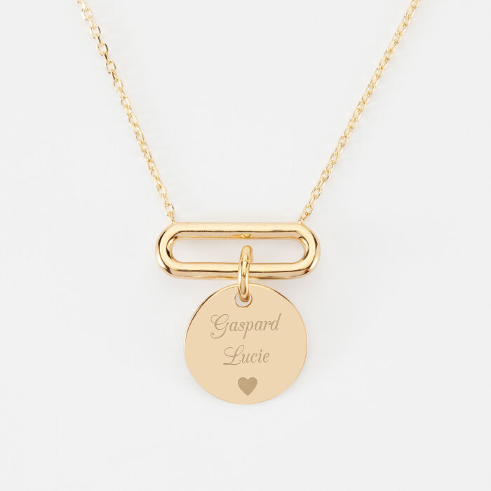Collier chaîne ovale ouvert personnalisé médaille gravée plaqué or 15 mm - prénoms ppictogramme coeur