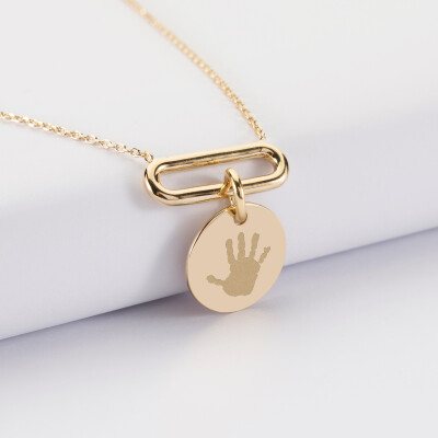 Collier chaîne ovale ouvert personnalisé médaille gravée plaqué or 15 mm - empreinte main