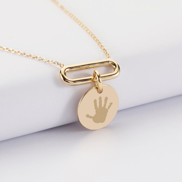 Collier chaîne ovale ouvert personnalisé médaille gravée plaqué or 15 mm - empreinte main