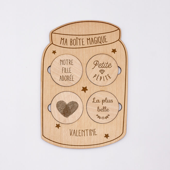 Planche "boîte magique" personnalisée bois gravé 14,5x10 cm - illustration, texte et empreintes