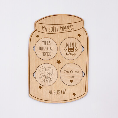 Planche "boîte magique" personnalisée bois gravé 14,5x10 cm - illustrations et textes