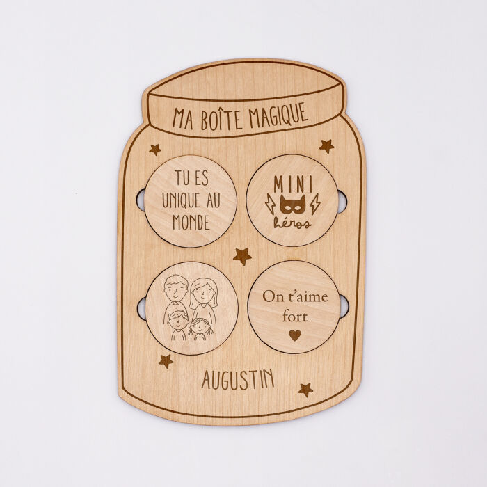 Planche "boîte magique" personnalisée bois gravé 14,5x10 cm - illustrations et textes
