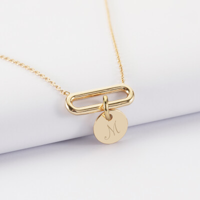 Collier chaîne ovale ouvert personnalisé médaille gravée plaqué or 10 mm - M