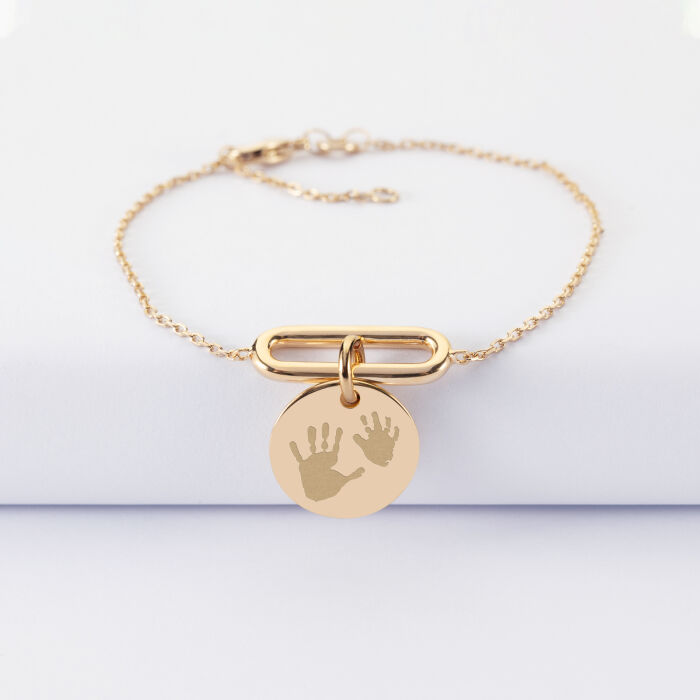 Bracelet chaîne ovale ouvert personnalisé médaille gravée plaqué or 15 mm - empreintes mains