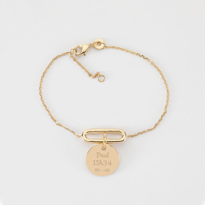 Bracelet chaîne ovale ouvert personnalisé médaille gravée plaqué or 15 mm - texte et pictogramme