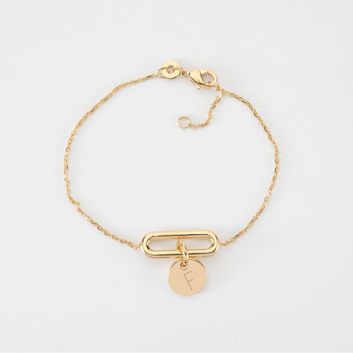 Bracelet chaîne ovale ouvert personnalisé médaille gravée plaqué or 10 mm - F